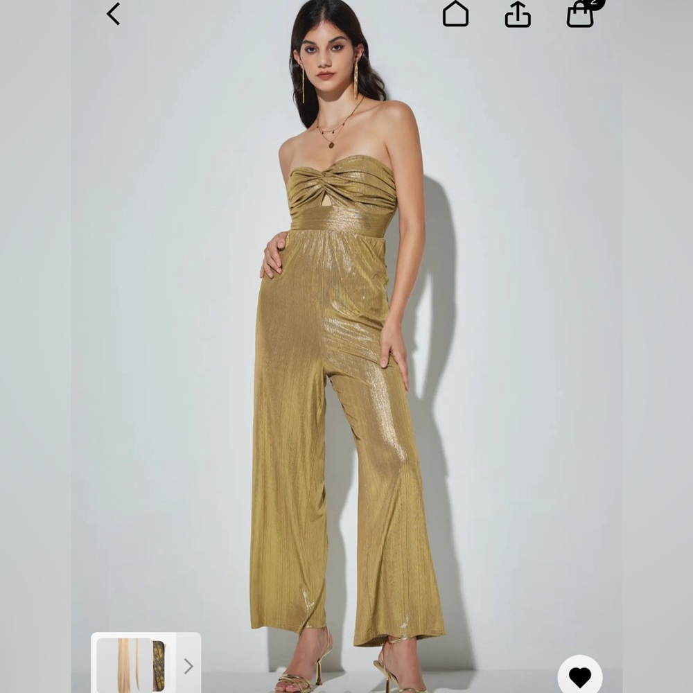 Gold metallic keyhole strapless jumpsuit